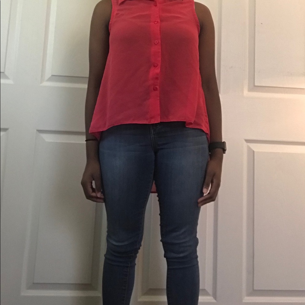 Pink button up high low shirt